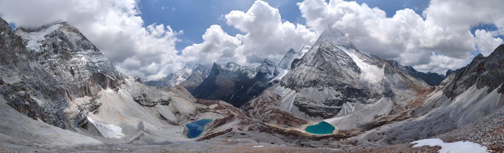 Panorama over Five Colors Lake and Milk Lake, beneath Chenrezig, Jampayang and Chanadorje